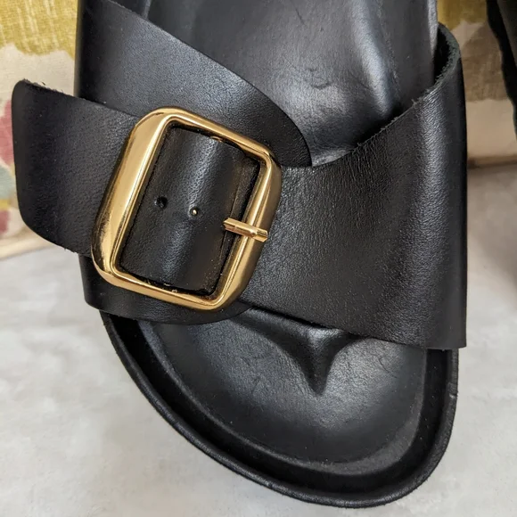 Stockholm Design Group Genuine Leather Black Big Buckle Cork Bed Sandals Size 39 - Picture 13 of 14